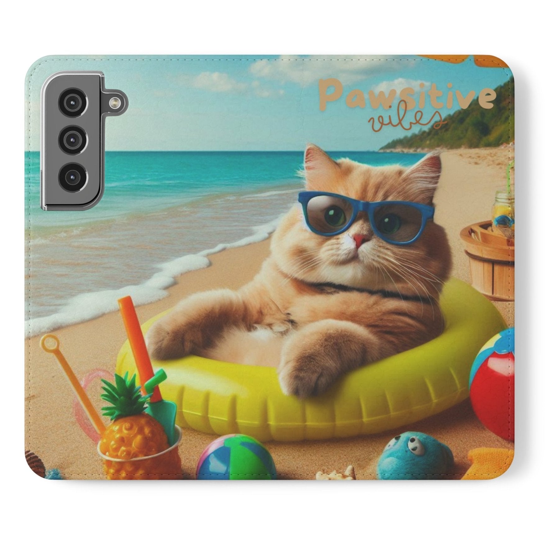 Opened phone case wallet with picture of cat lounging on beach with pool toys and drinks surrounding the cat with the text Pawitive Vibes.