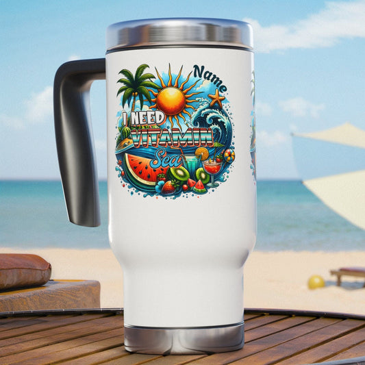 Personalized tropical stainless steel white travel mug with a vibrant design of ocean waves, palm trees, the sun, fruit, a cocktail, and “I Need Vitamin Sea” quote.