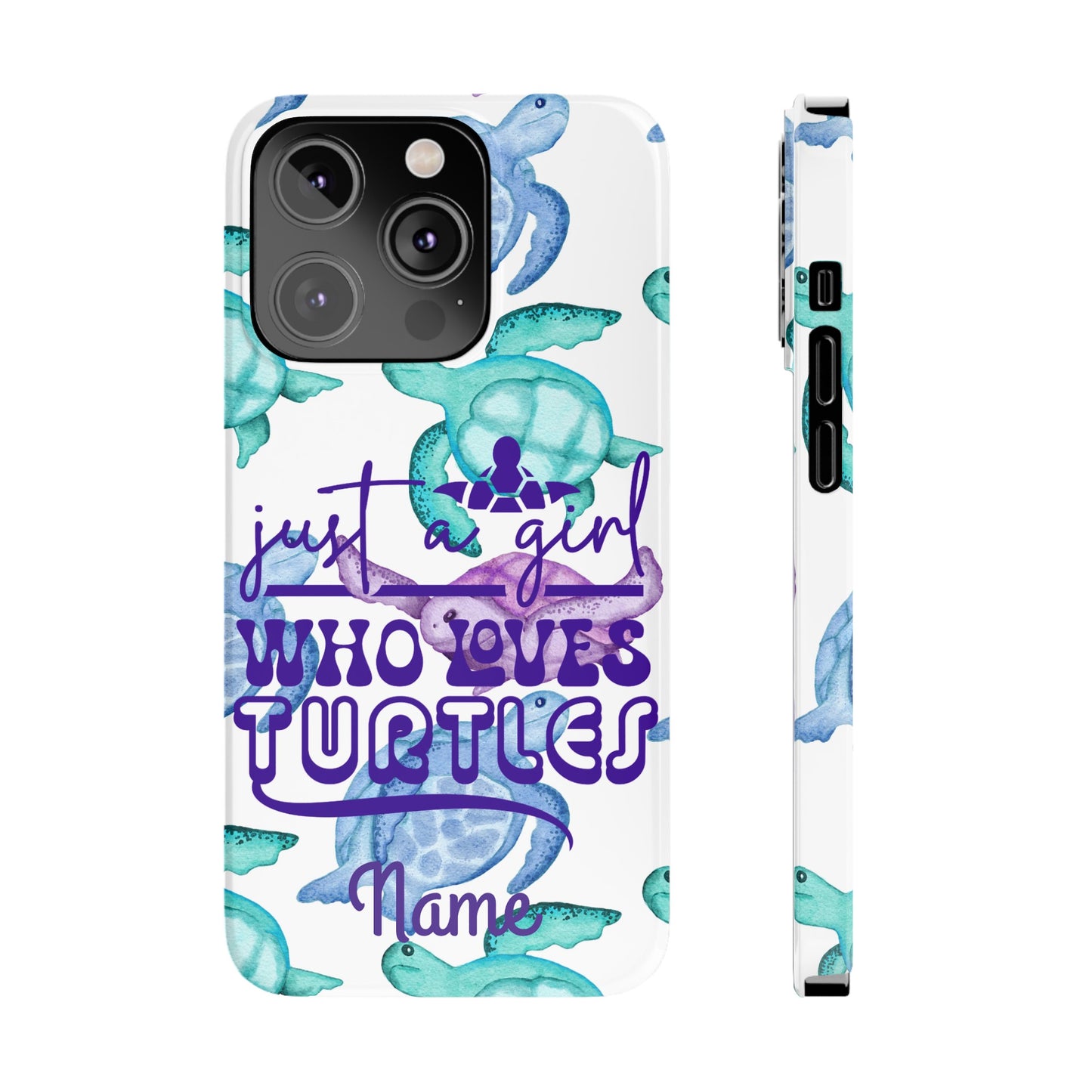 Iphone case with turquoise, blue and purple sea turtles that says  Just a Girl Who Loves Sea turtles