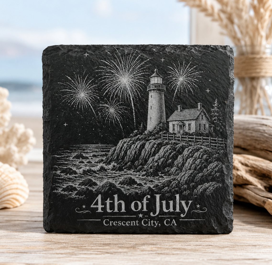 4th of July Crescent City Lighthouse Engraved Slate Coaster