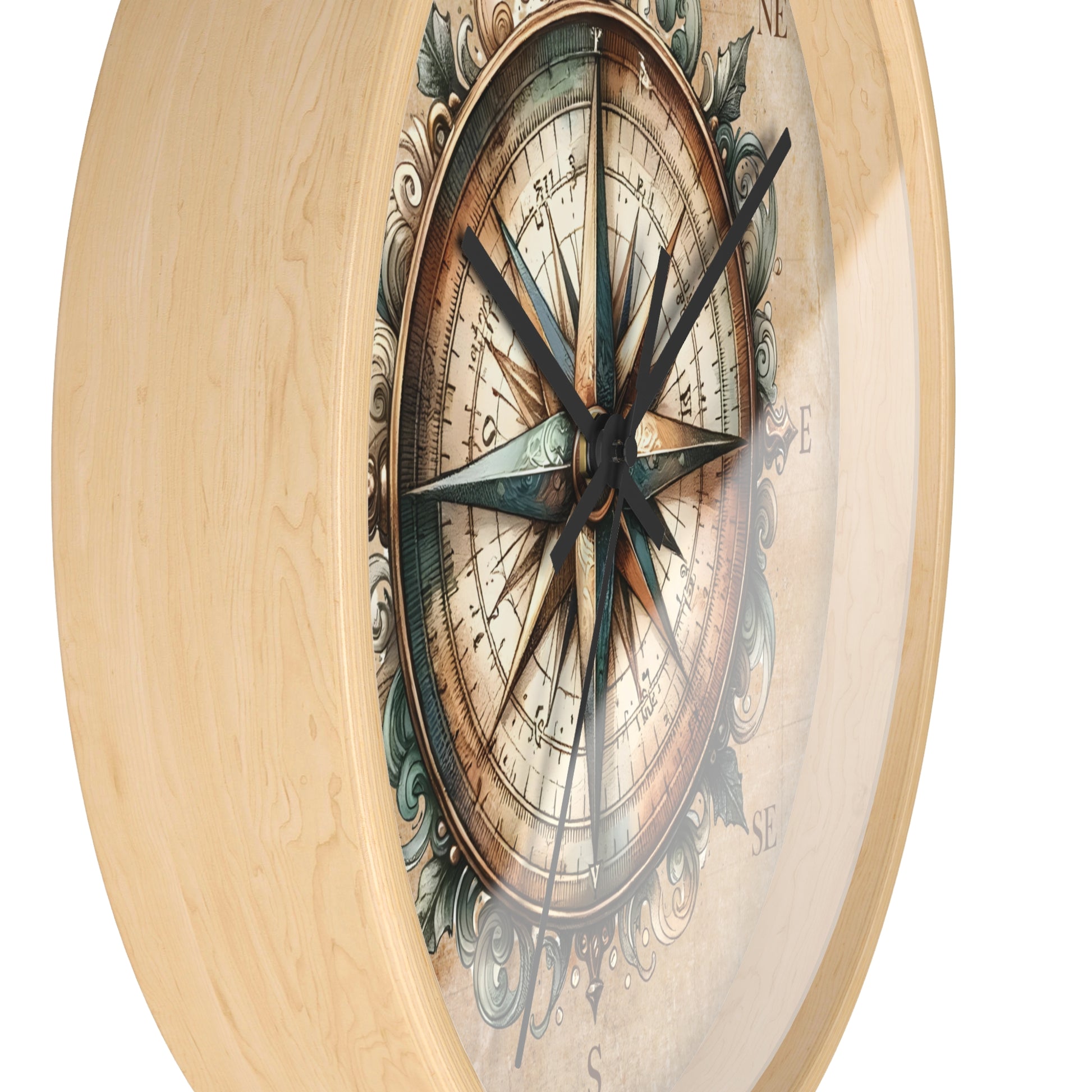 side view of Round 10" wall clock with wood frame with picture of compass.