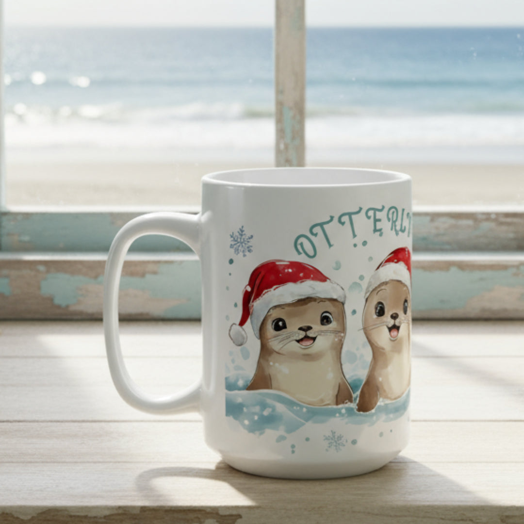 White mug with Christmas-themed design featuring otters wearing Santa hats on a white background.