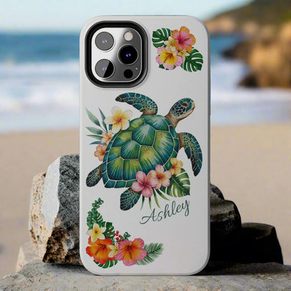 iPhone 12 case with a white background and a sea turtle with hibiscus flowers, with more hibiscus flowers around the sides.