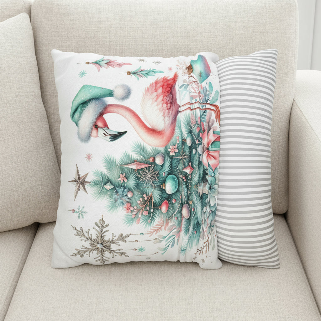 Decorative pillow with Christmas-themed flamingo design showing the ease of removal.