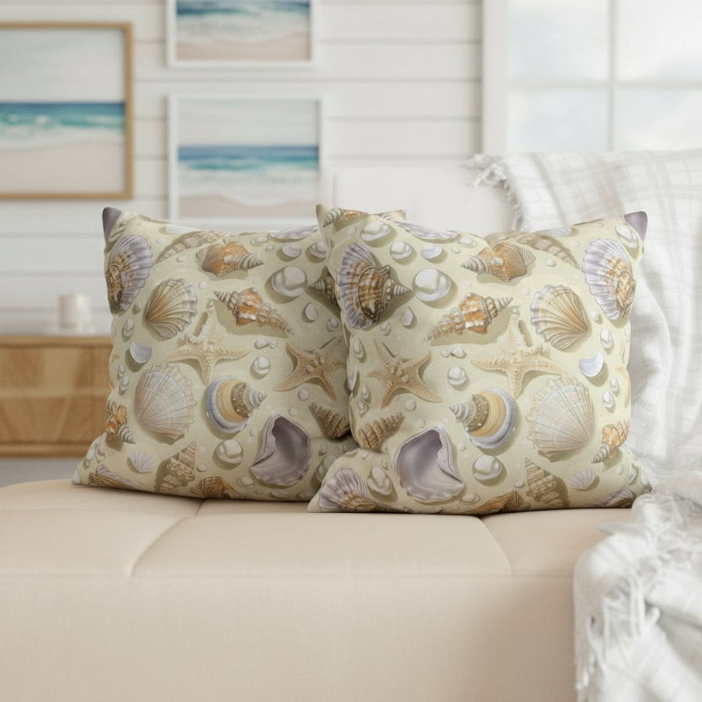 Decorative pillows with shell pattern on a gray sofa