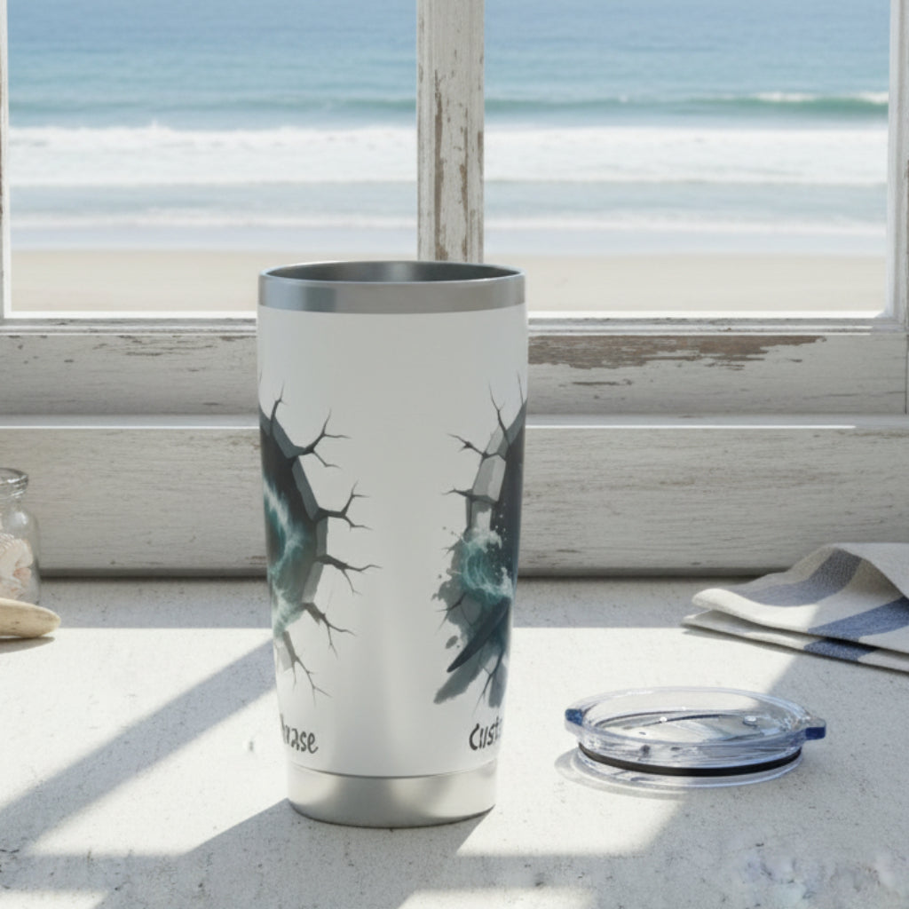 Side view of white tumbler with shark breakout design personalized.