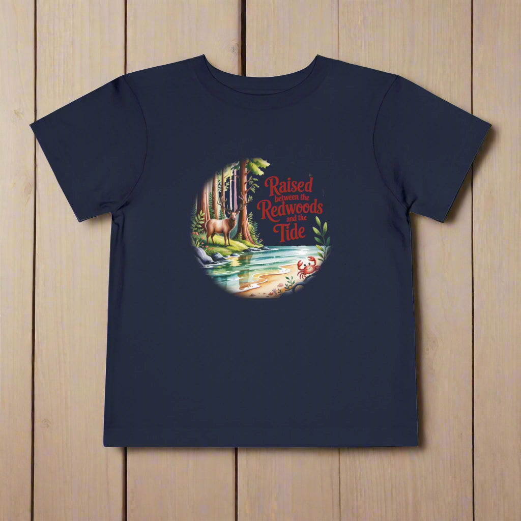 Navy blue t-shirt with a nature-themed graphic and text on a white background