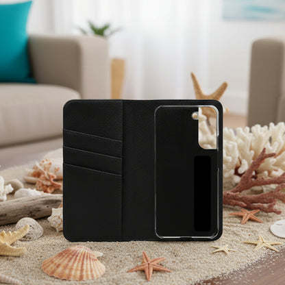 Black phone case with card slots on a white background