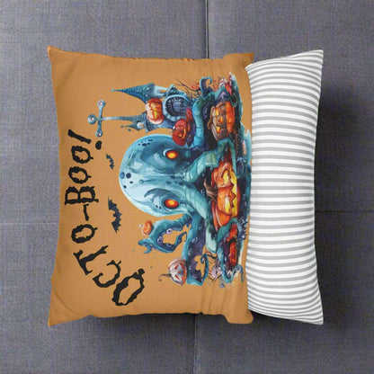 Decorative pillow with Halloween-themed design showing the ease of removal.