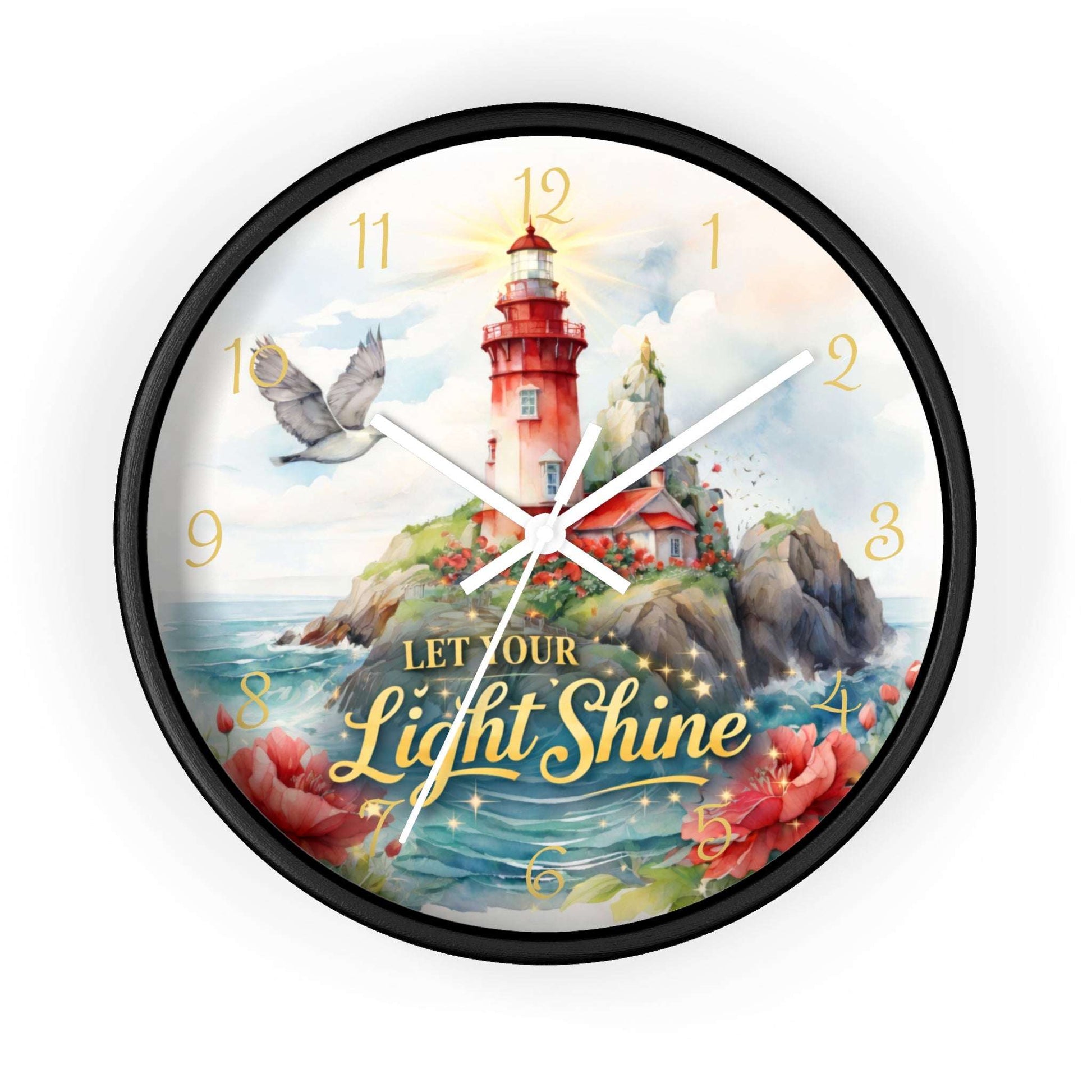 Decorative wall clock with a lighthouse design and 'Let Your Light Shine' text on a white background.