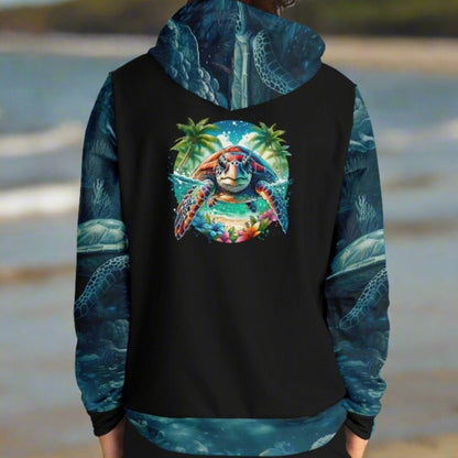 Custom hoodie with black front and back, underwater scene with sea turtles on sleeves, kangaroo pouch and hood. Sea turtle on back looking out