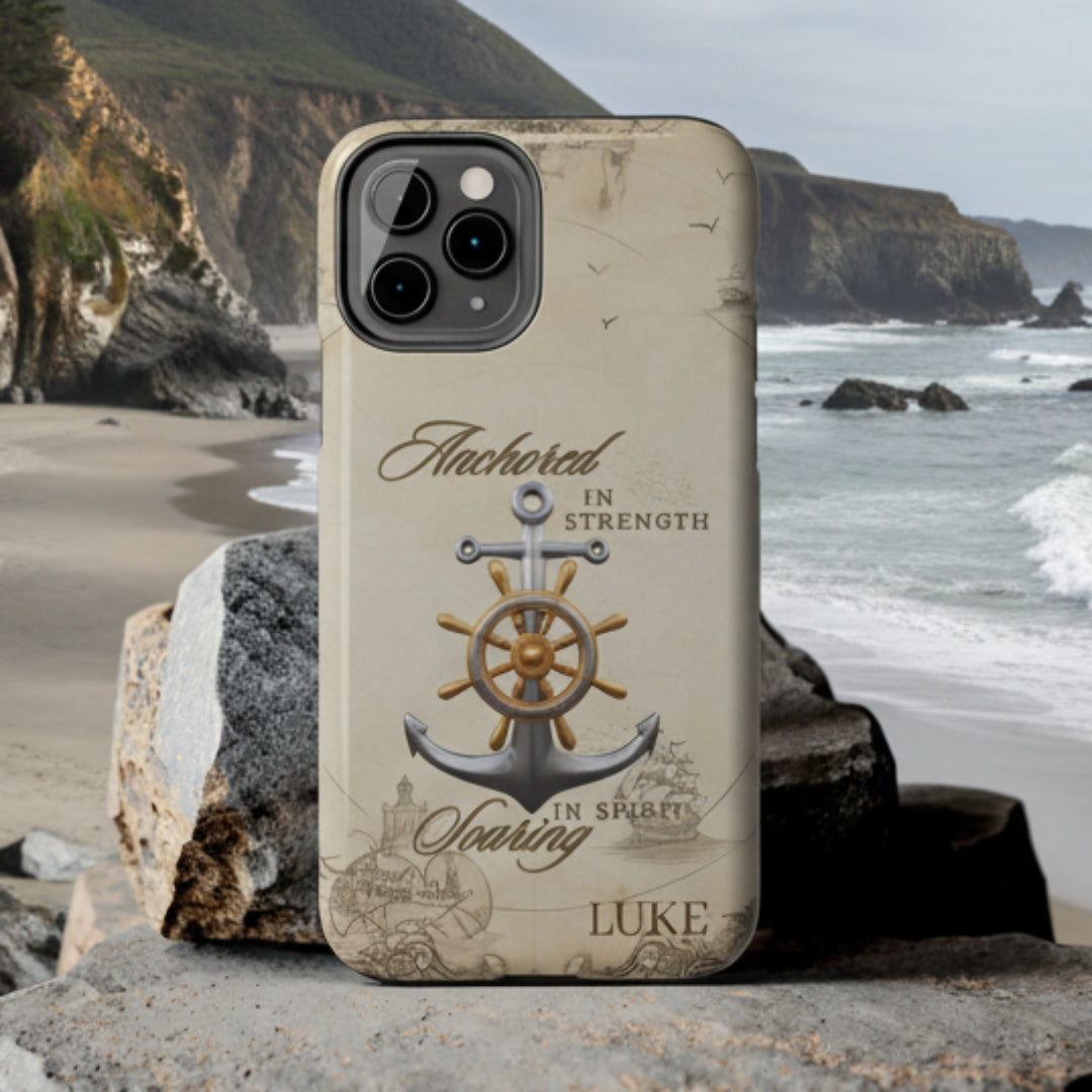 Phone case with anchor and ship wheel design that can be personalized.