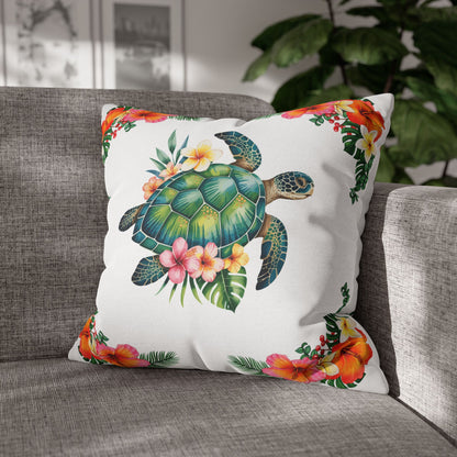 20" x 20" white pillowcase with hibiscus flowers and a sea turtle design.