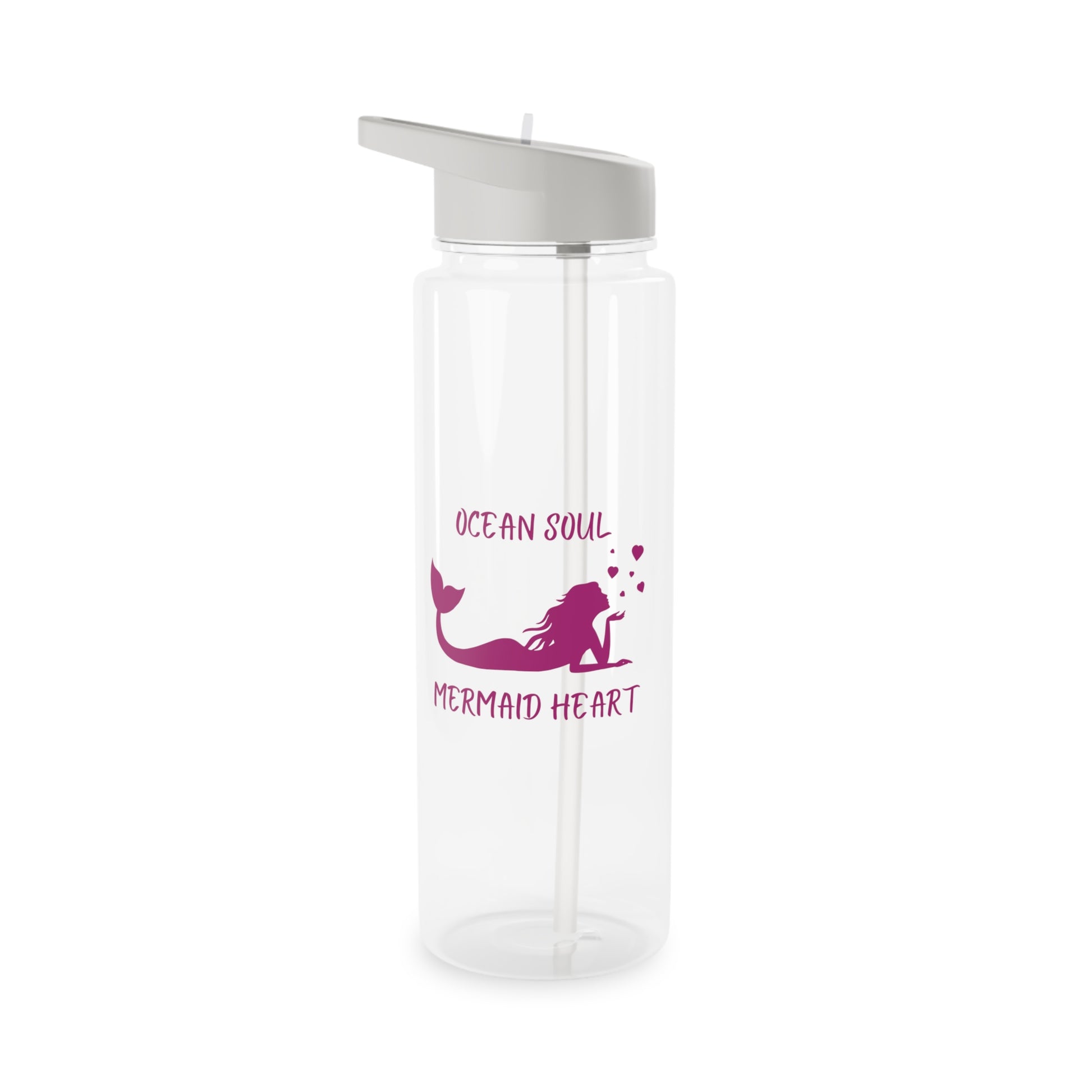 Clear Water bottle with gray lid and straw with a mermaid that says Ocean Soul Mermaid Heart