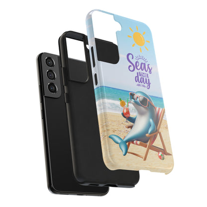 layered Samsung Phone Case Dolphin sitting in beach lounge chair on beach with text Seas The Day