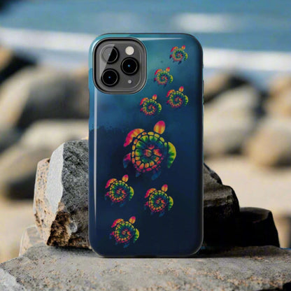 Phone case with colorful spiral design on a gray background
