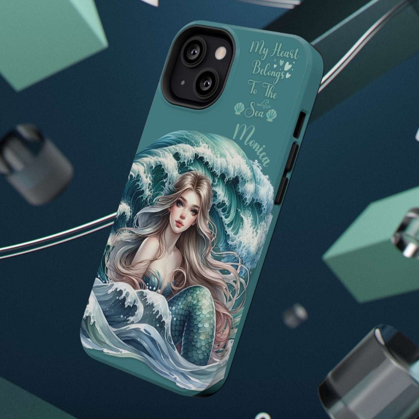 iPhone case with mermaid design on a dark blue background