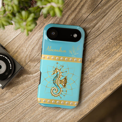 Phone case with seahorse design and 'personalized' text on a teal blue background.