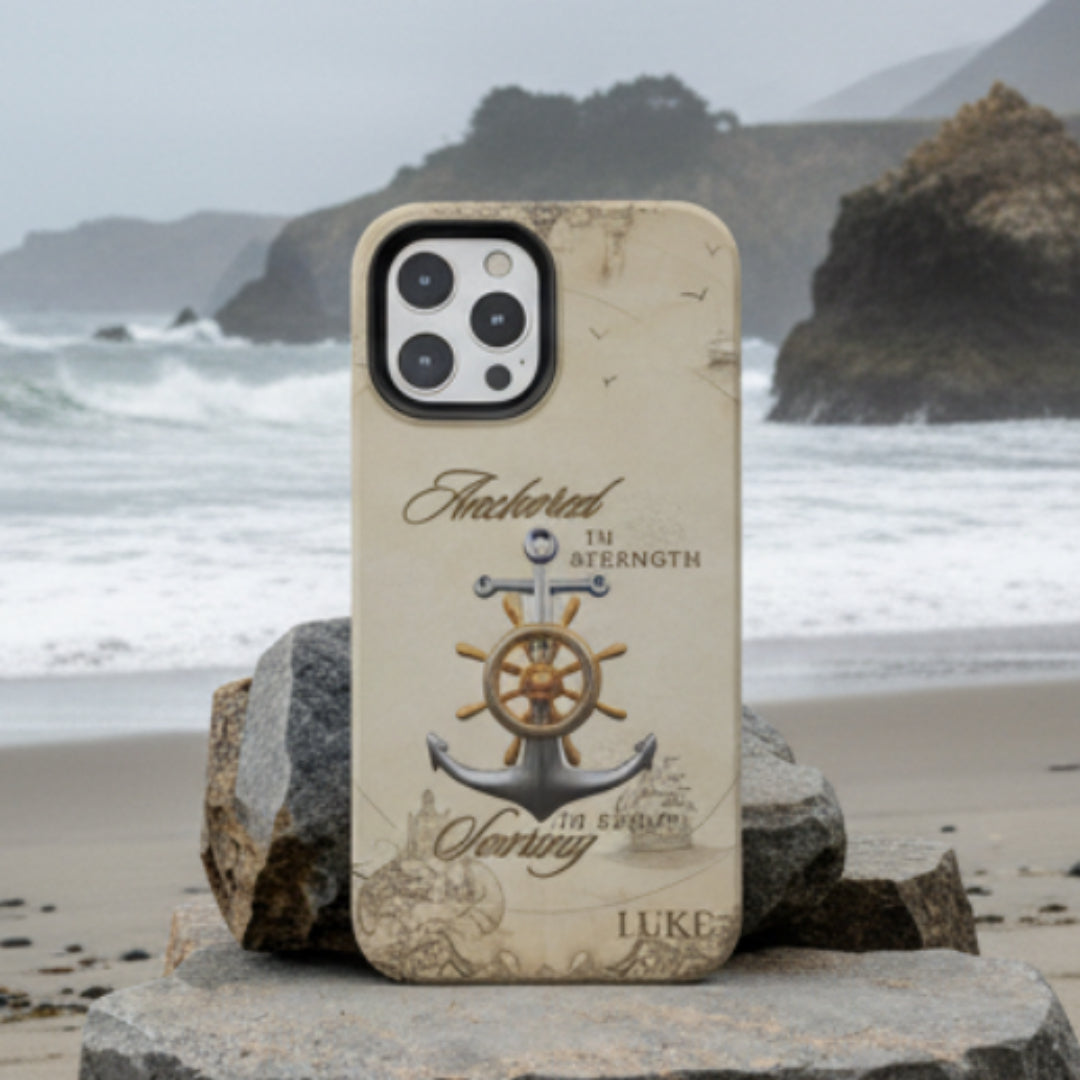 Phone case with anchor and ship wheel design that can be personalized.