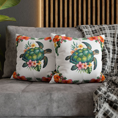 Two 16" x 16" white pillowcase with hibiscus flowers and a sea turtle design.