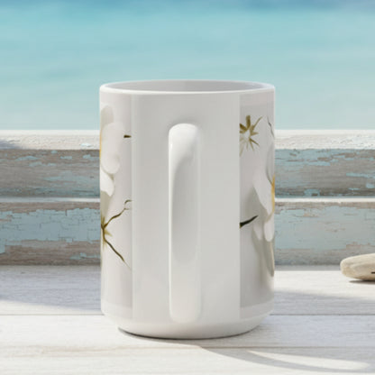 White mug with floral design on a white background
