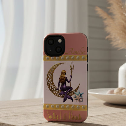 Phone case with mermaid design on a pink background and can be personalized.