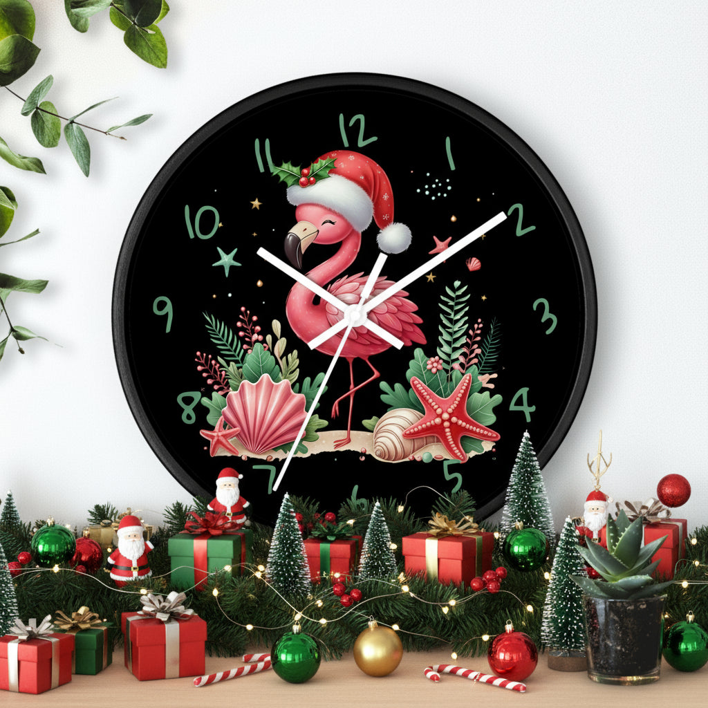 Wall clock with a flamingo wearing a Santa hat on a black background, surrounded by decorative elements.