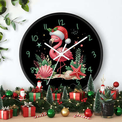 Wall clock with a flamingo wearing a Santa hat on a black background, surrounded by decorative elements.