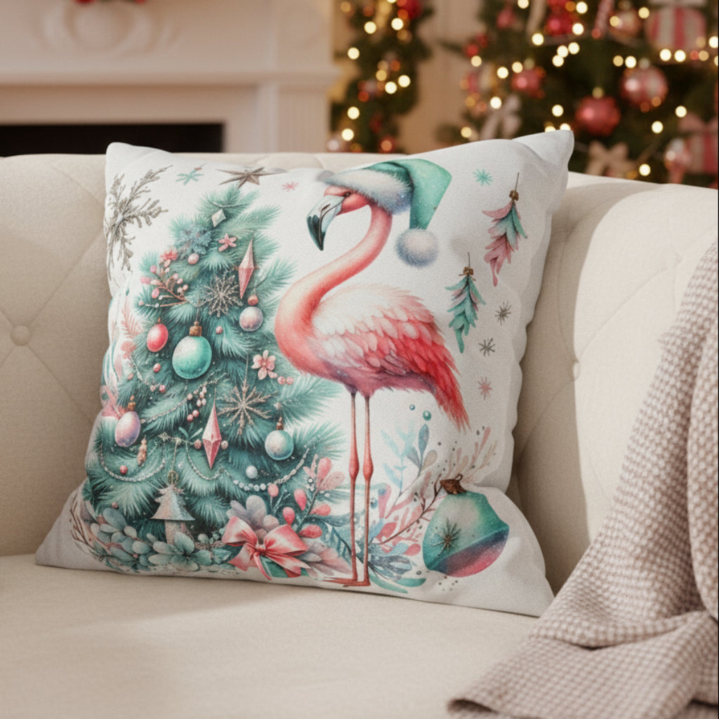 Decorative pillow with a flamingo and Christmas tree design on a couch.