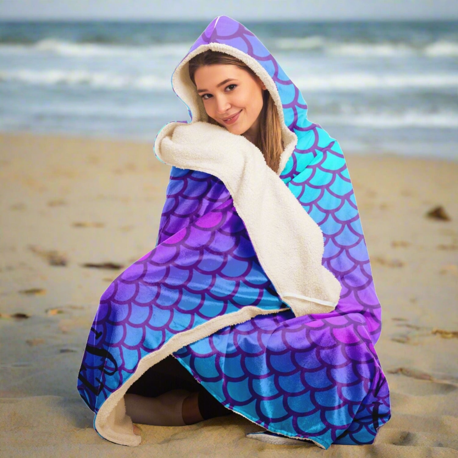 Person sitting on the beach wearing a hooded blanket with mermaid scales in purple and turquoise with a picture of a beautiful mermaid with the words mermaid vibes below