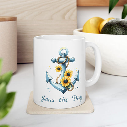 11 oz.  White mug with Anchor and Sunflowers with text Seas the Day