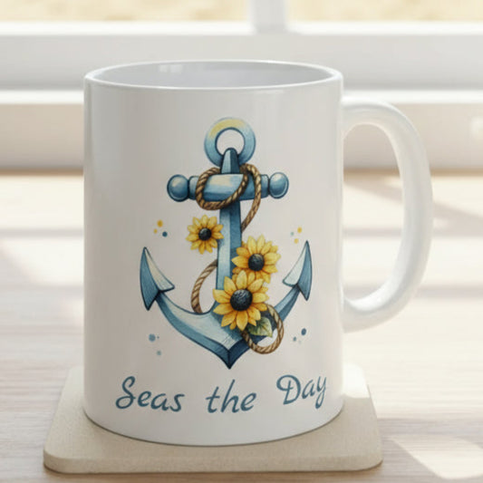 11 oz.  White mug with Anchor and Sunflowers with text Seas the Day