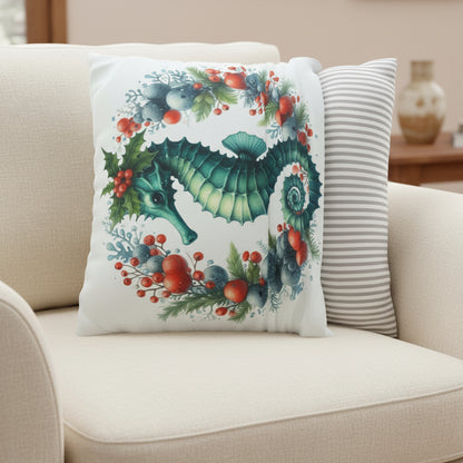 Decorative pillow with a seahorse design showing ease of removal.