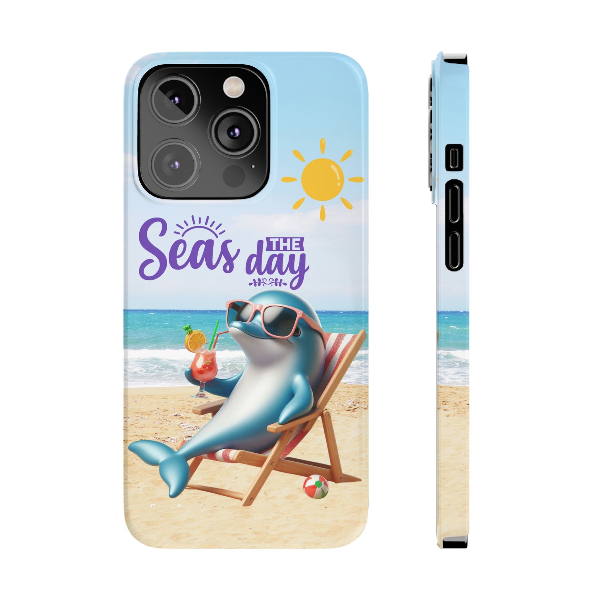 iPhone Case Dolphin sitting in beach lounge chair on beach with text Seas The Day