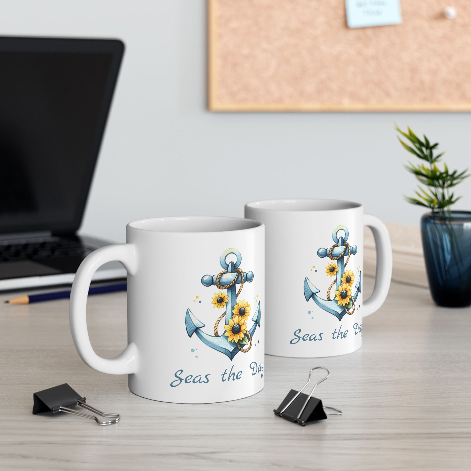 Two 15 oz  White mug with Anchor and Sunflowers with text Seas the Day