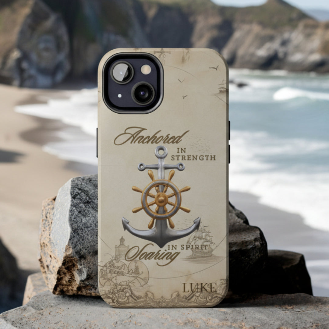 Phone case with anchor and ship wheel design that can be personalized.