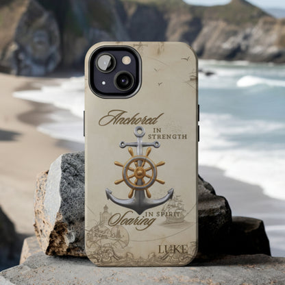 Phone case with anchor and ship wheel design that can be personalized.