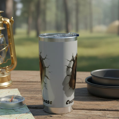 Silver tumbler with bear breaking out each side of a cracked design and 'Custom Text'.