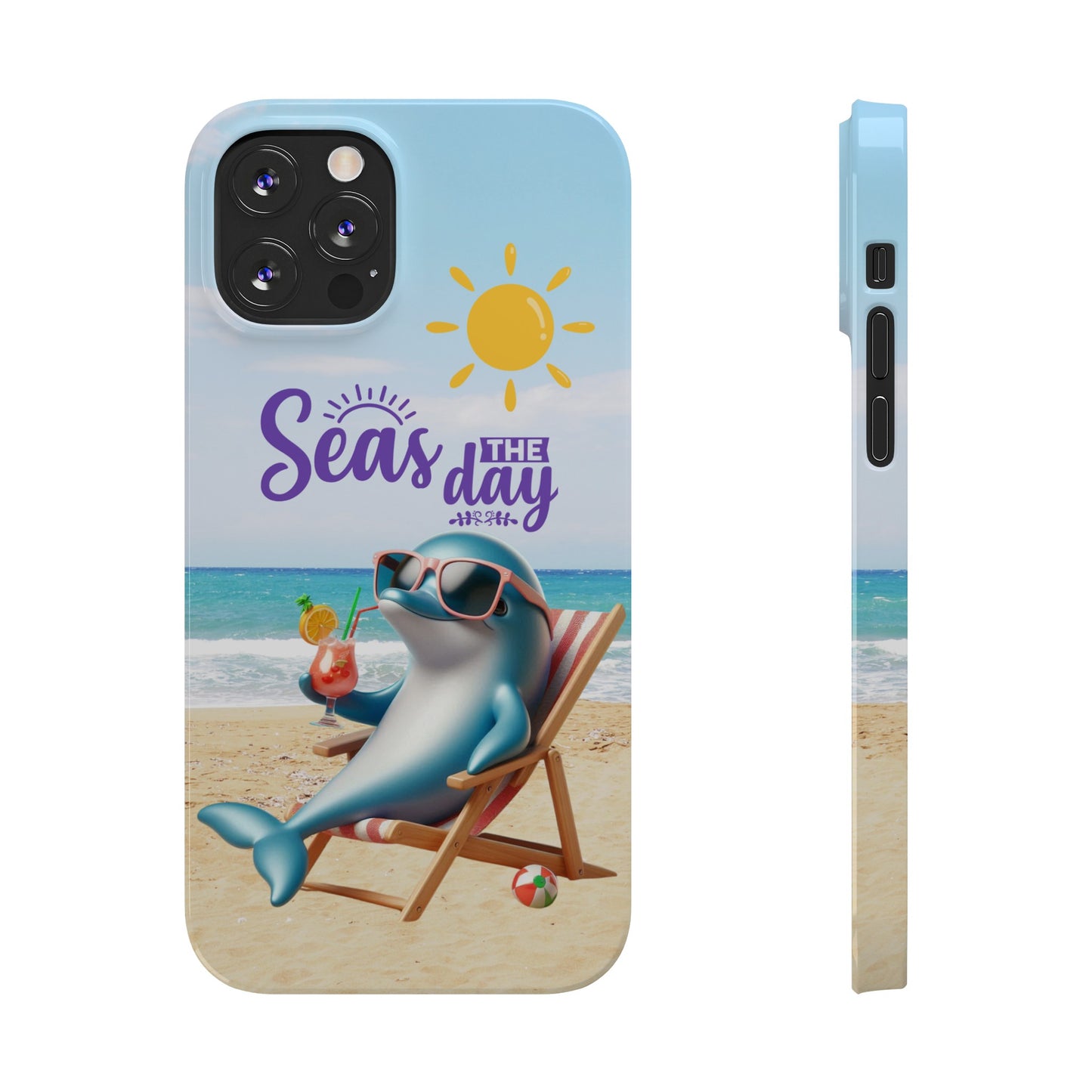 iPhone Case Dolphin sitting in beach lounge chair on beach with text Seas The Day