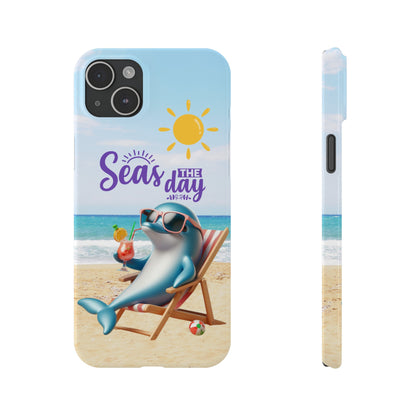 iPhone Case Dolphin sitting in beach lounge chair on beach with text Seas The Day