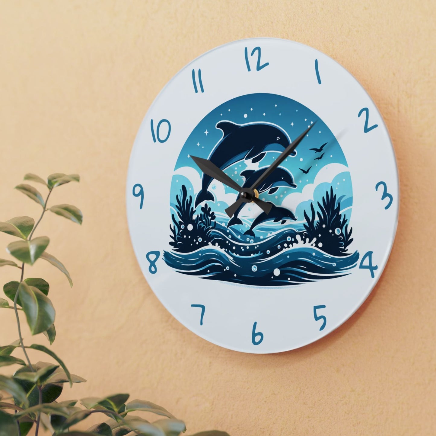 Wall clock with swimming dolphins design on a white background.