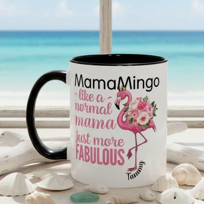 Mug with flamingo design and text on a white background