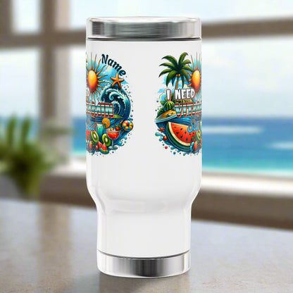 Personalized tropical stainless steel white travel mug with a vibrant design of ocean waves, palm trees, the sun, fruit, a cocktail, and “I Need Vitamin Sea” quote.
