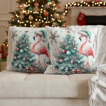 Decorative pillows with flamingo and Christmas tree design on a sofa.
