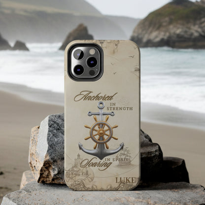 Phone case with anchor and ship wheel design that can be personalized.