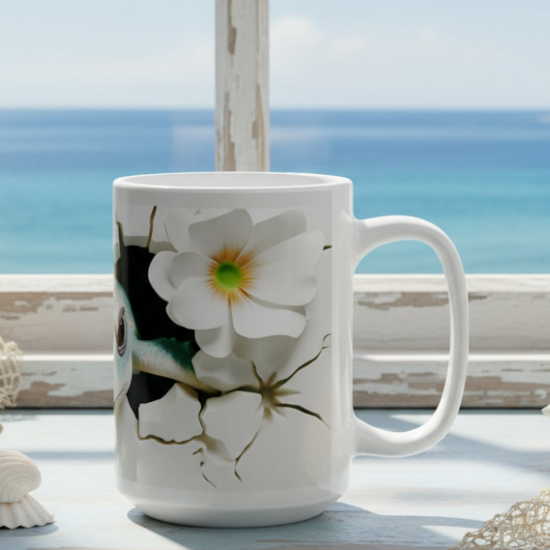 White mug with floral design on a white background