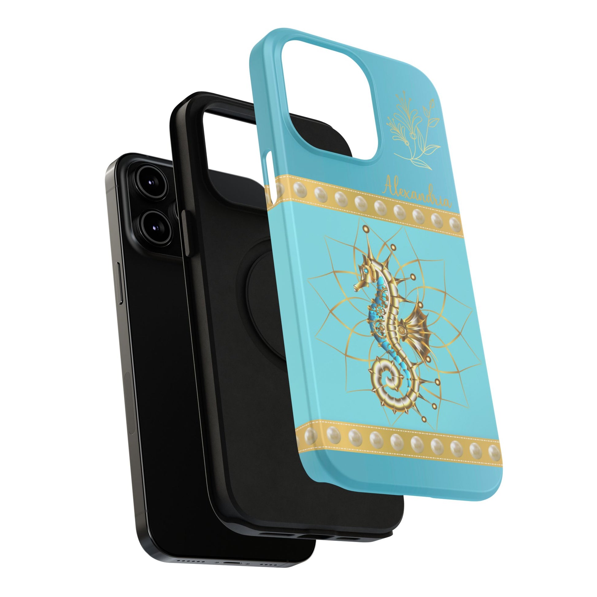 Triple layer of Phone case with seahorse design and 'personalized' text on a teal blue background.