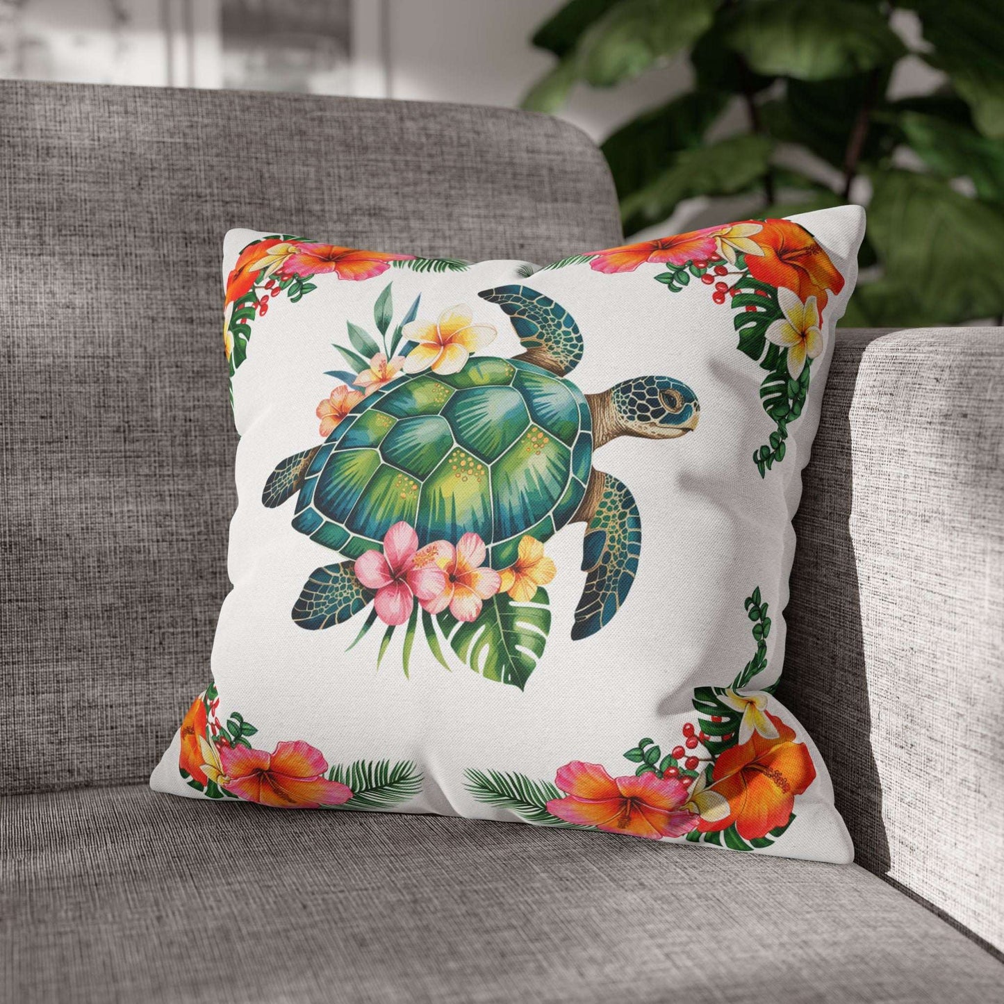 16" x 16" white pillowcase with hibiscus flowers and a sea turtle design.