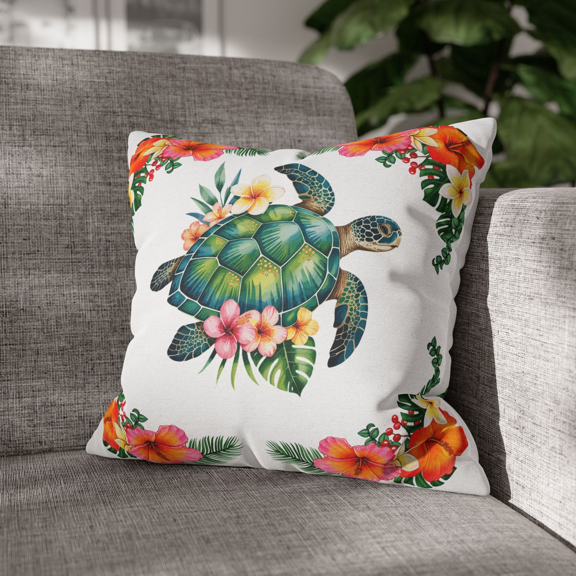 16" x 16" white pillowcase with hibiscus flowers and a sea turtle design.