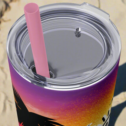 top of skinny tumbler showing clear top with pink straw